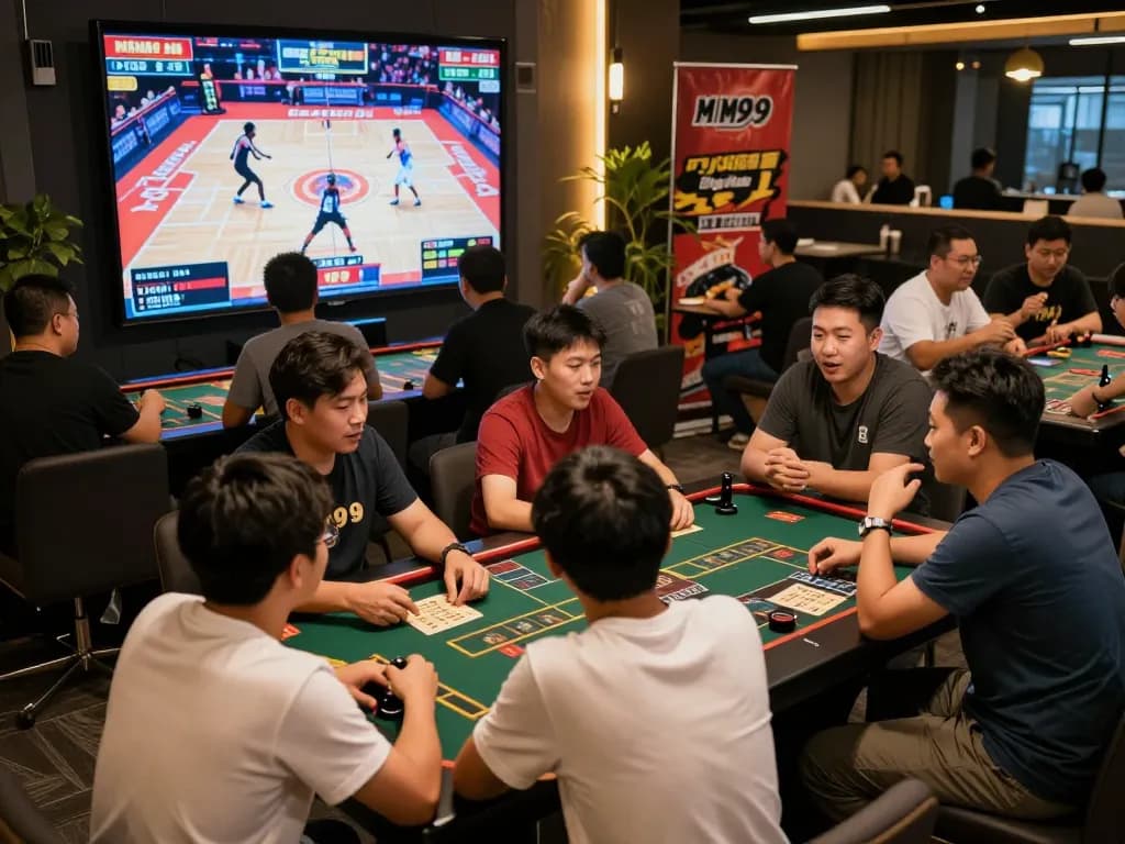 Engaging scene of Đá Gà MM99 bettors excitedly placing wagers during a live match in a vibrant sports lounge.
