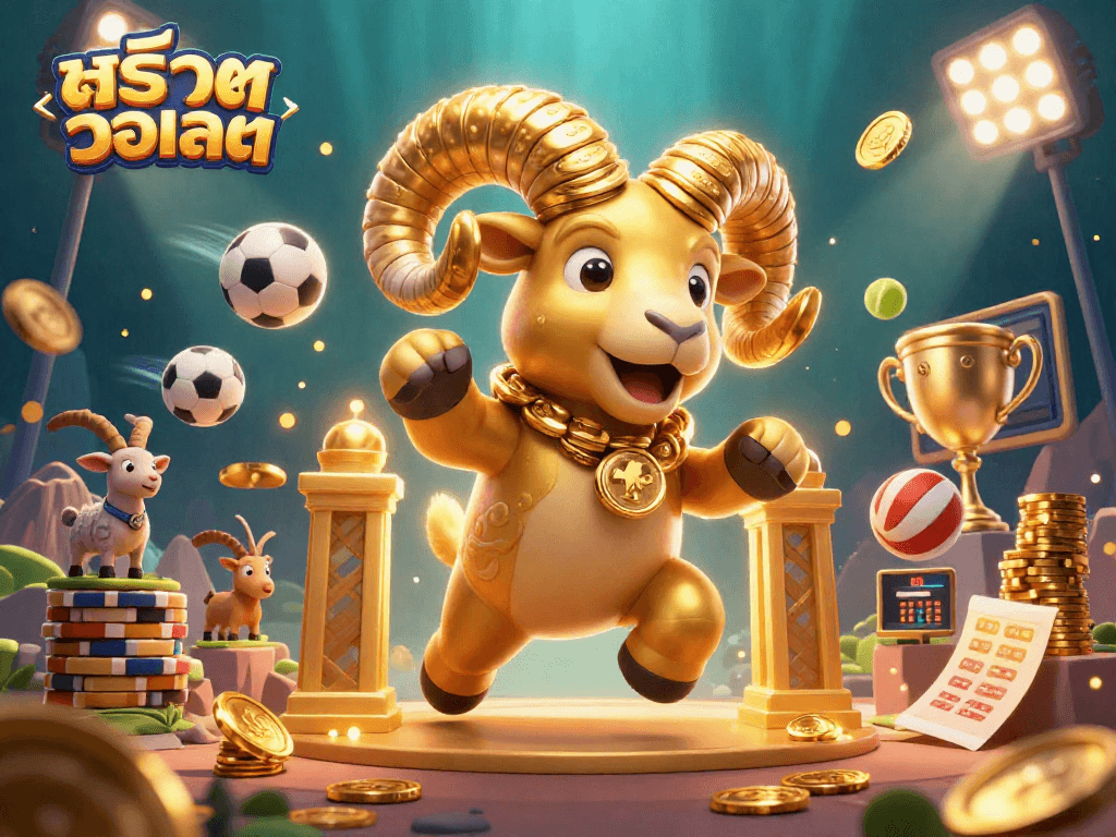 Spin and win big with สล็อตวอเลท in an ultra-detailed animated casino scene filled with vibrant sports elements.