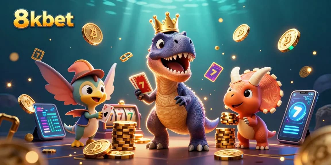 8xbet players experiencing exciting slot adventures with dinosaurs and crypto elements in a vibrant casino scene.