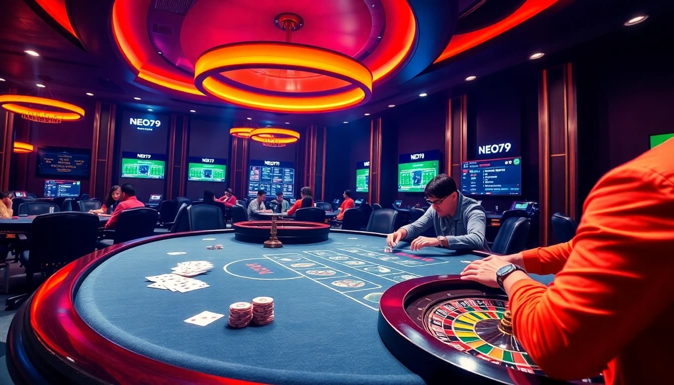 NEO79 casino players engaging intensely at a poker table with luxury details.