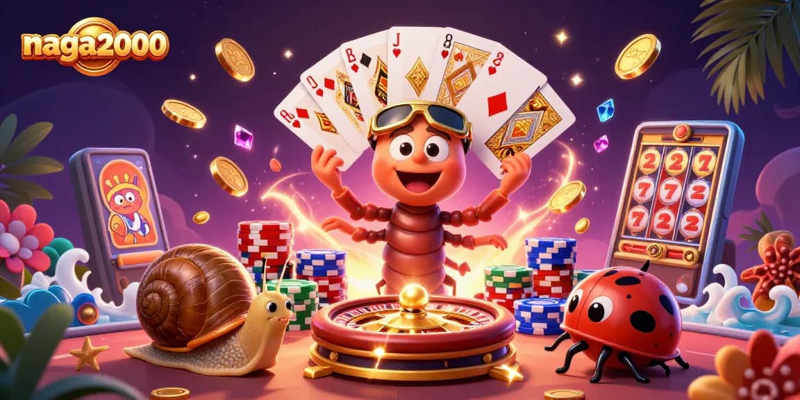 Naga2000 menghadirkan dealer unik dan suasana kasino dengan kartu bermain dan tumpukan chip.