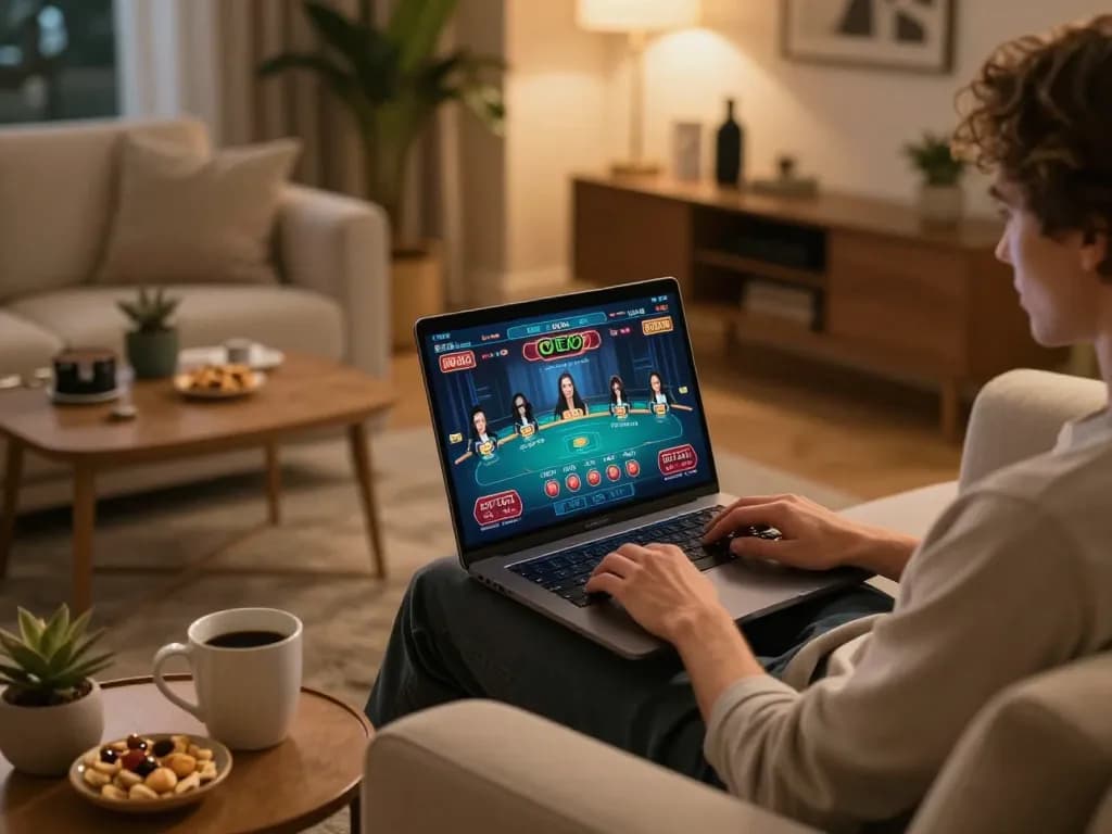 Experience thrilling tr88 bet action with a cozy home online gaming setup, engaging atmosphere.