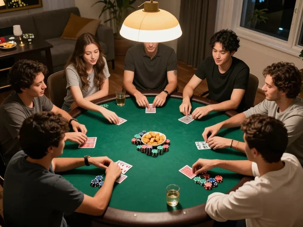 Iwin players engaging in a fun poker night at home, lively atmosphere with chips and cards visible.