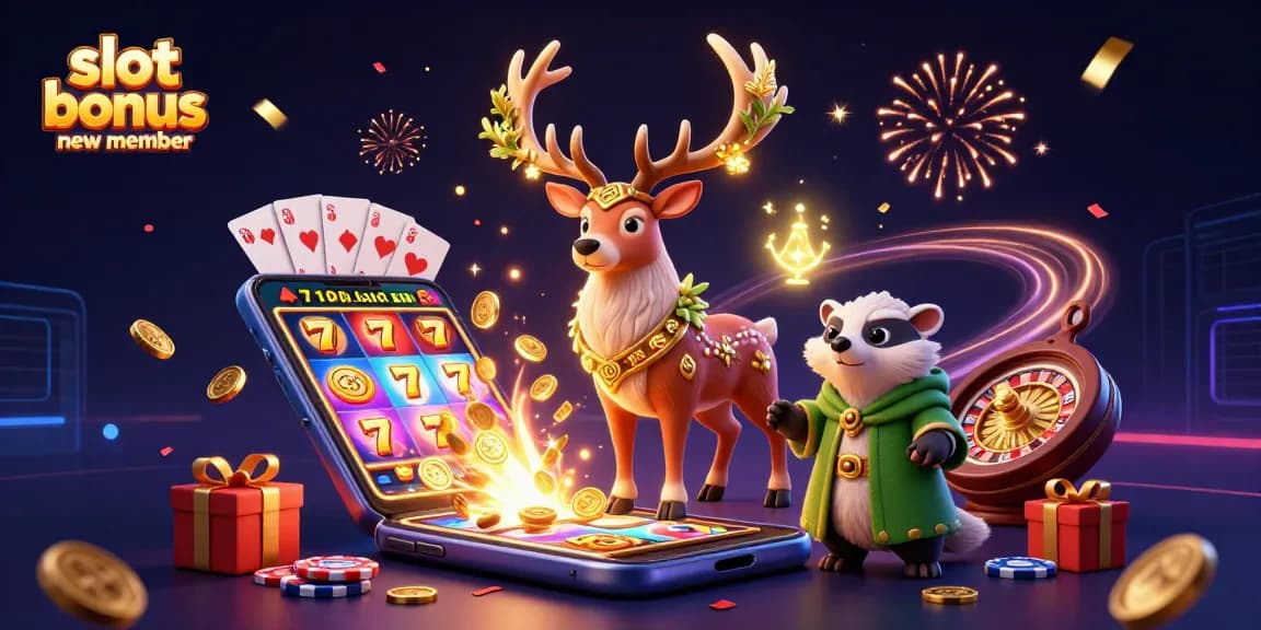Join the fun with slot bonus new member visuals featuring dynamic casino elements, unique characters, and vibrant graphics.