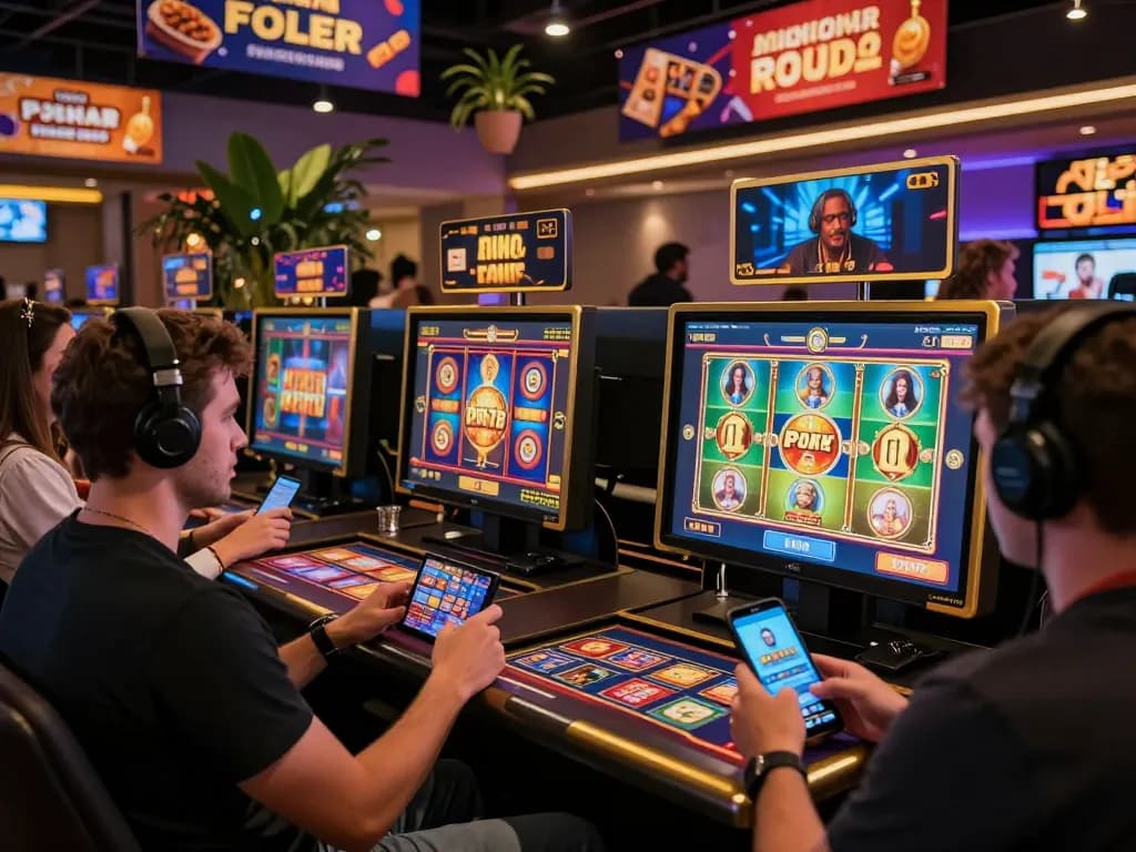 Online casino gaming at https://god55.agency/ featuring diverse players, colorful slots, and an inviting dark-gold atmosphere.