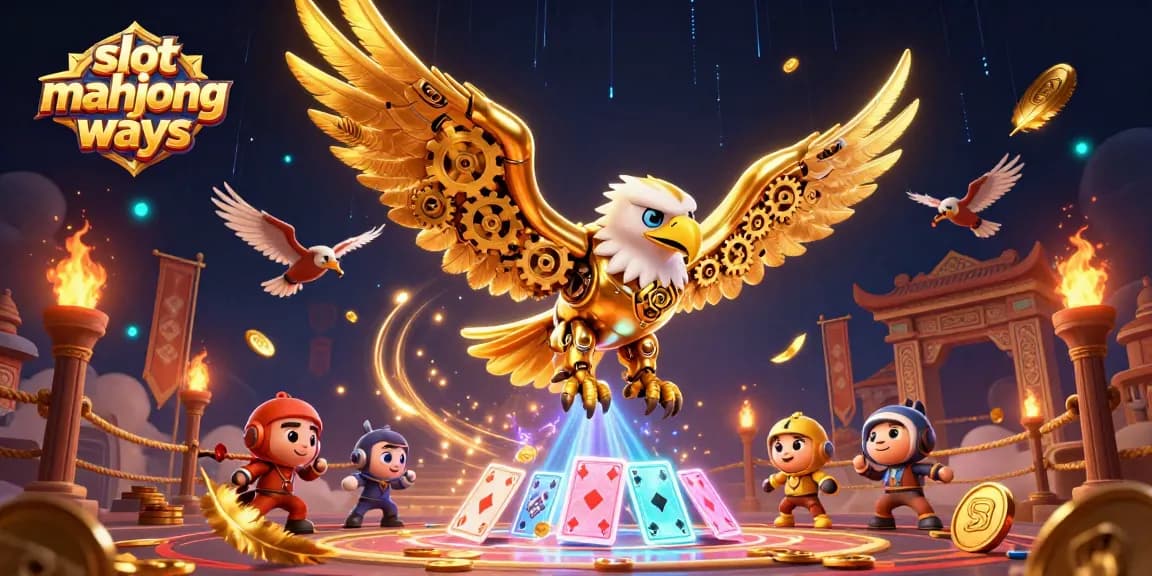 Experience the exciting slot mahjong ways with the vibrant action of a golden eagle diving through holographic cards.