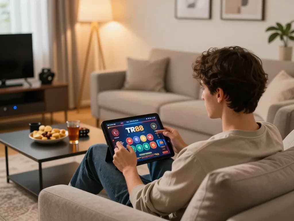 Player engaged in TR88 online casino game from the comfort of home, tablet showing colorful interface