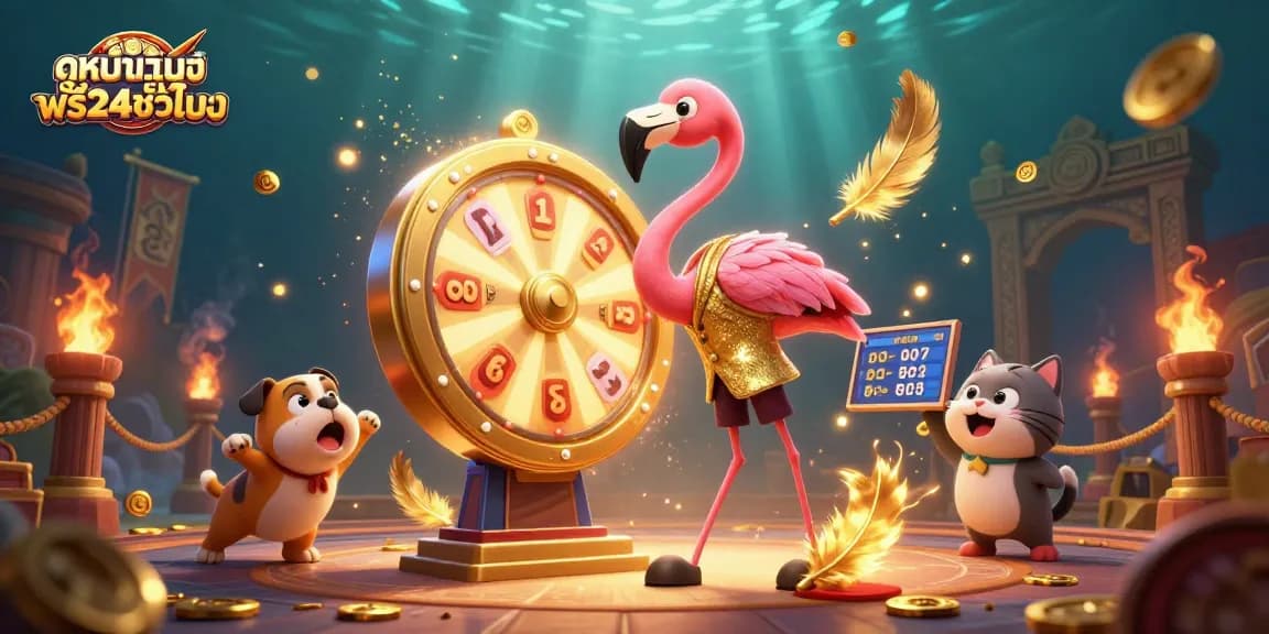 Engage with ดูหนังออนไลน์ฟรี24ชั่วโมง action in a vibrant casino-themed illustration featuring a game show host and prizes.