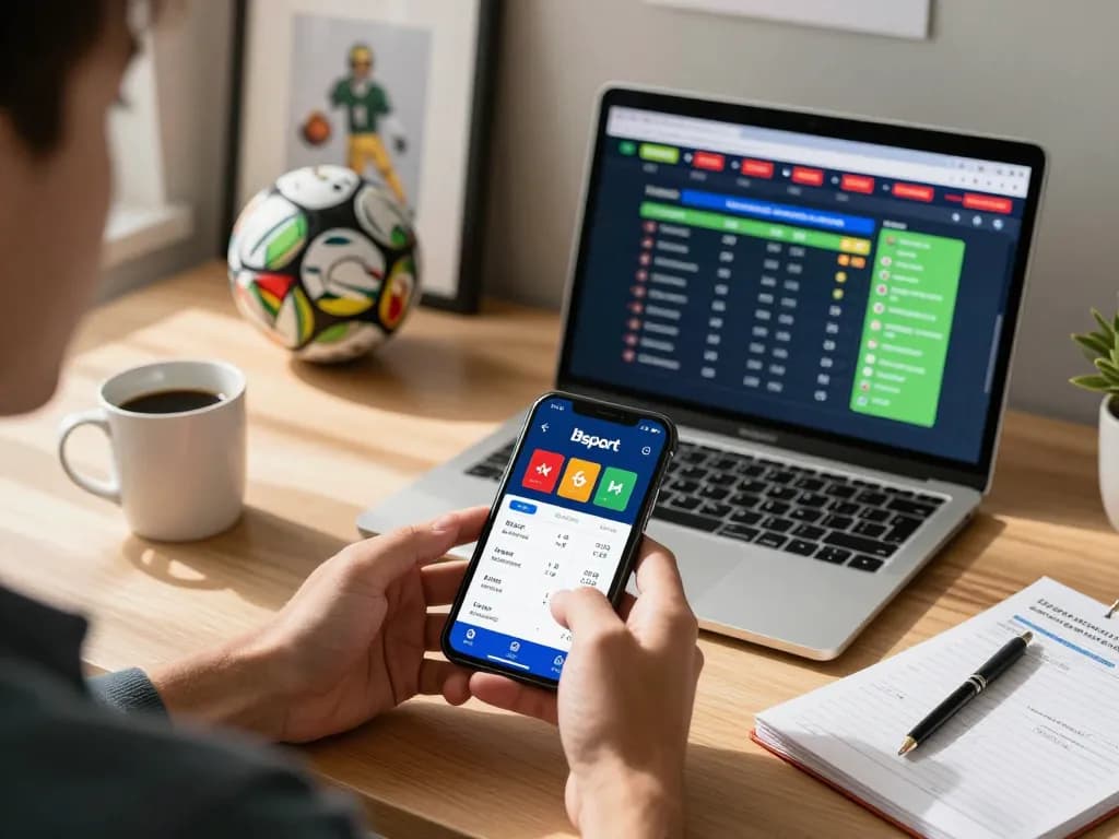 Bsport app user engaging with live sports betting odds on smartphone in a cozy home setting