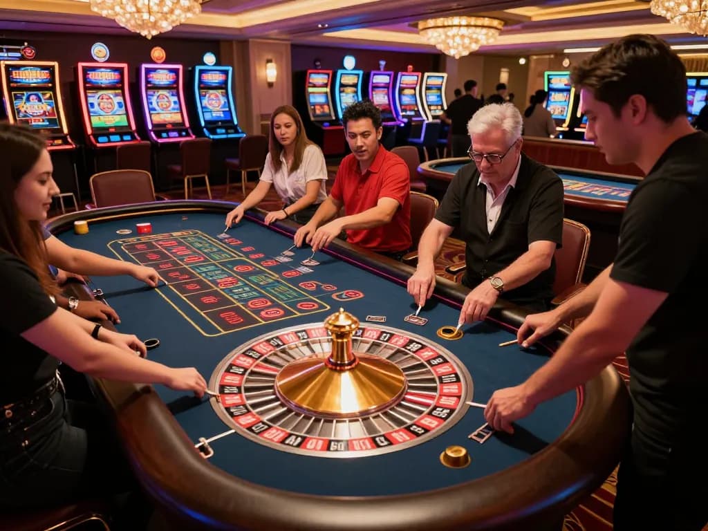 Players engaging at a lively roulette table in an upscale casino showcasing tx88 excitement.