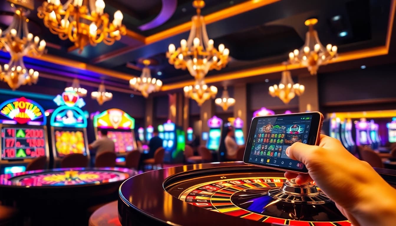 S8 players enjoying a thrilling game at an upscale casino table with vibrant slot machines.