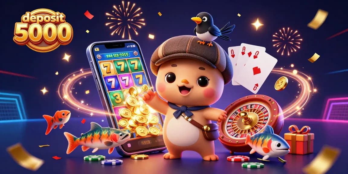 Experience excitement with deposit 5000 and colorful slot games surrounded by playful characters.