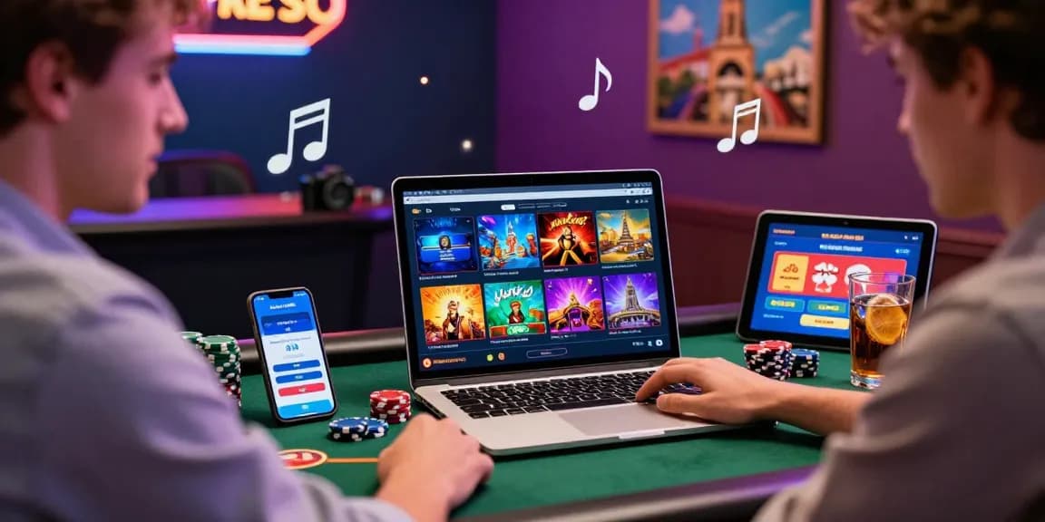 Player exploring online casinos that accept credit cards on laptop, vibrant gaming atmosphere with colorful visuals and casino elements.