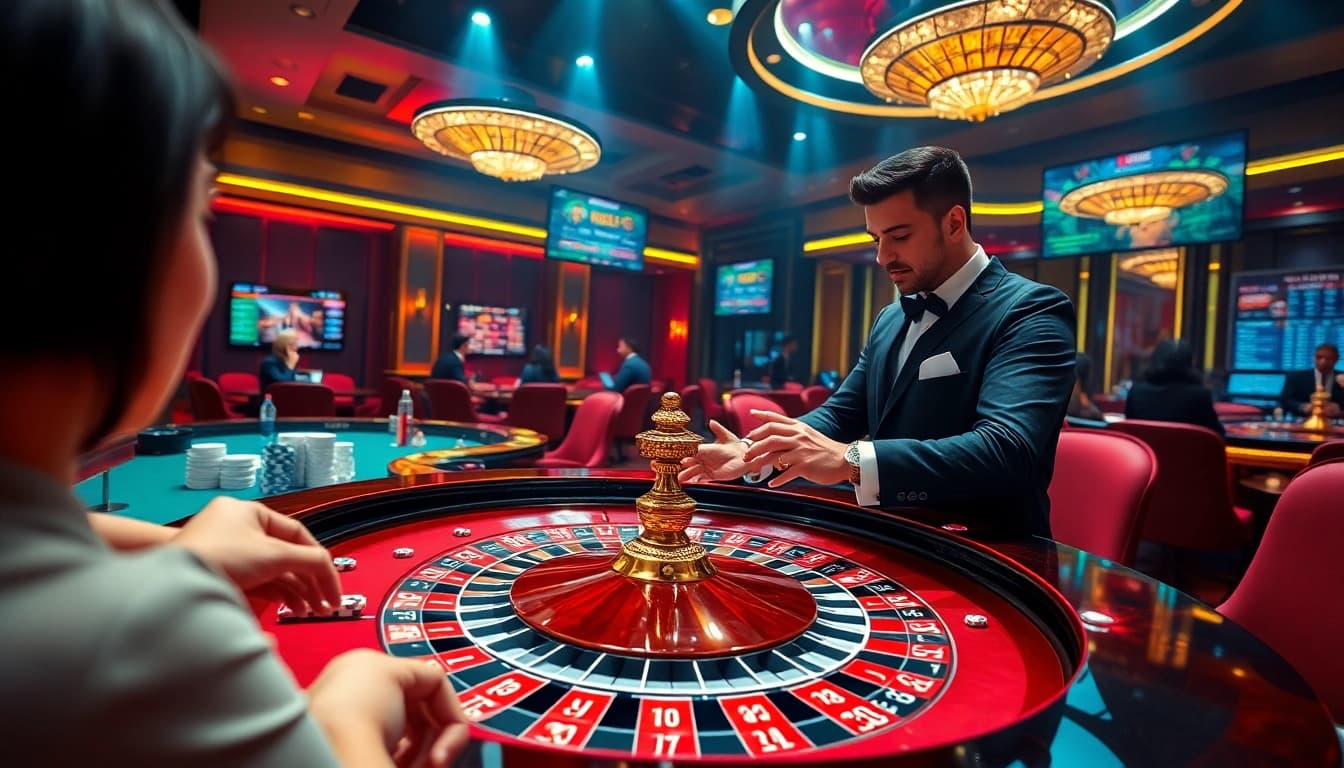 Engaging scene of Live casino NK88 with a professional dealer and vibrant casino elements.