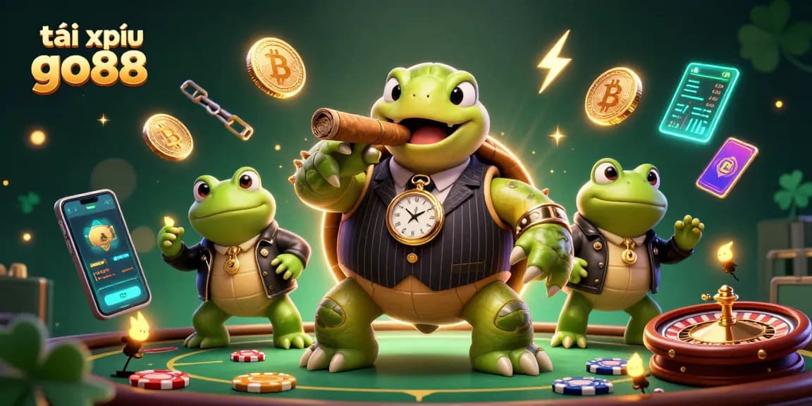 Engage in exciting tài xỉu go88 gameplay with a vibrant Casino scene featuring a massive turtle and bullfrogs.