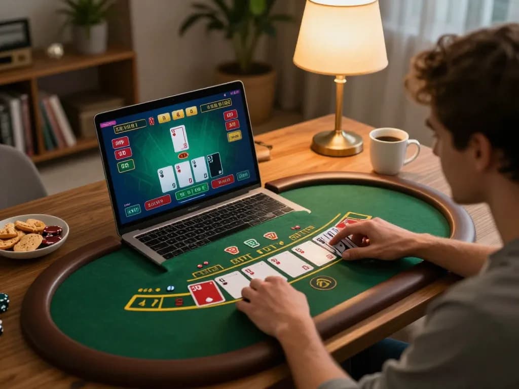 Engaged user playing blackjack online at home with goal123 ac displayed on laptop screen.