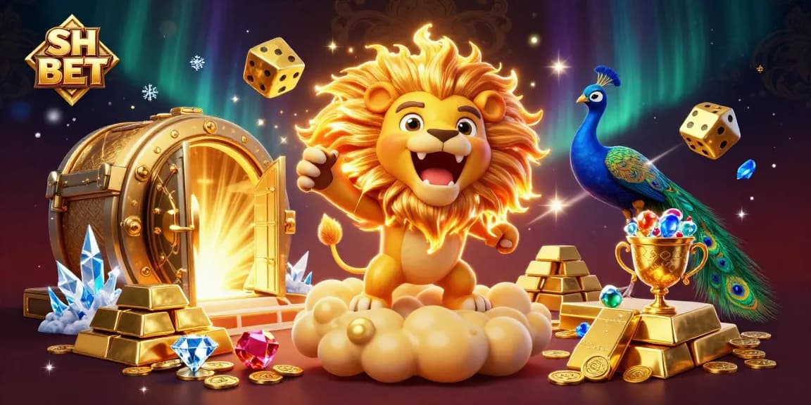 Engage with SH BET's thrilling gaming experience featuring a majestic lion, golden dice, and radiant gems.