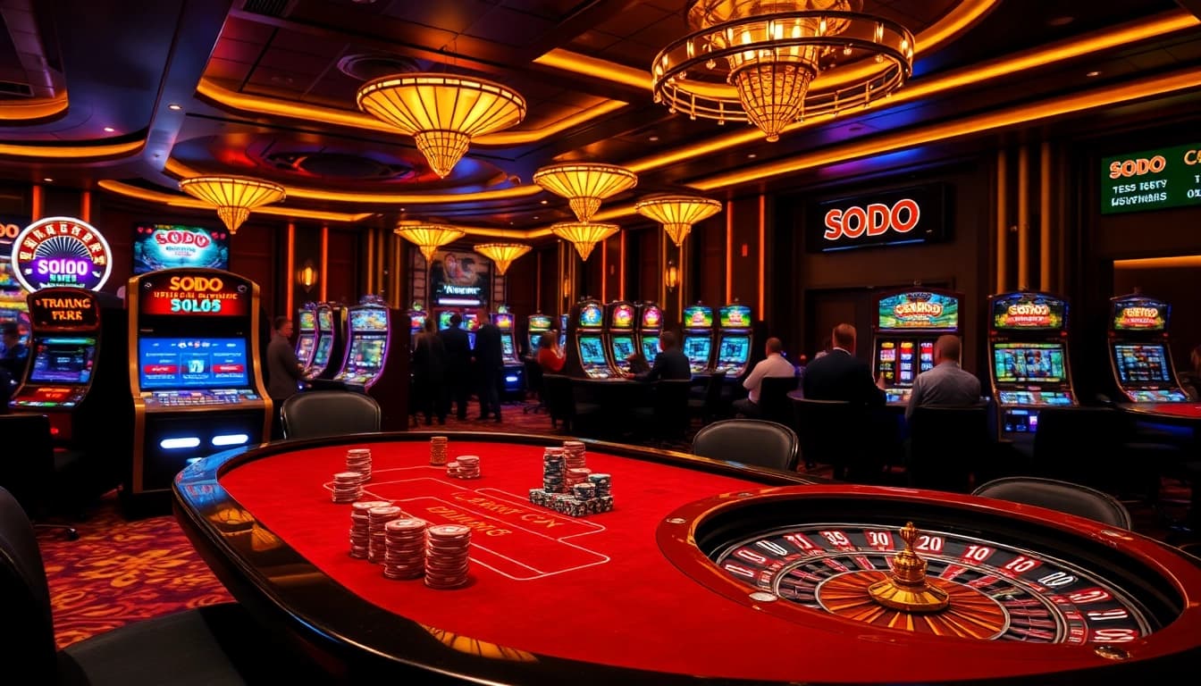 SODO CASINO poker players strategizing at an elegant table amid vibrant slots and roulette.