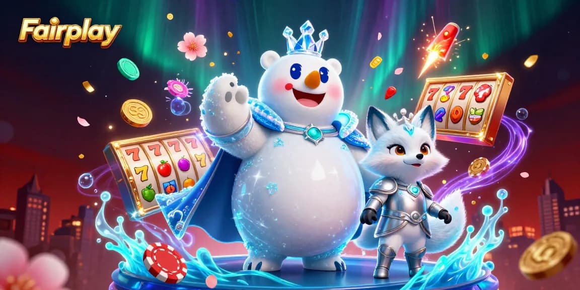 Experience Fairplay with a vibrant 3D casino scene featuring a polar bear and fox amidst thrilling slot reels and golden coins.