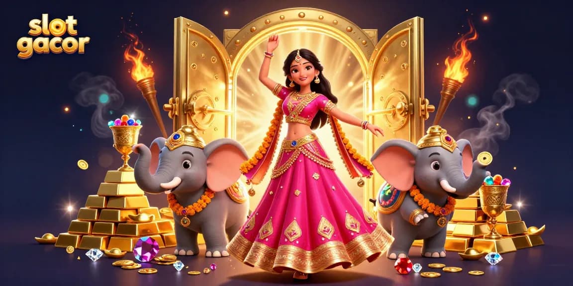Engage with slot gacor through vibrant visuals of an Asian woman and elephant in a rich casino setting.