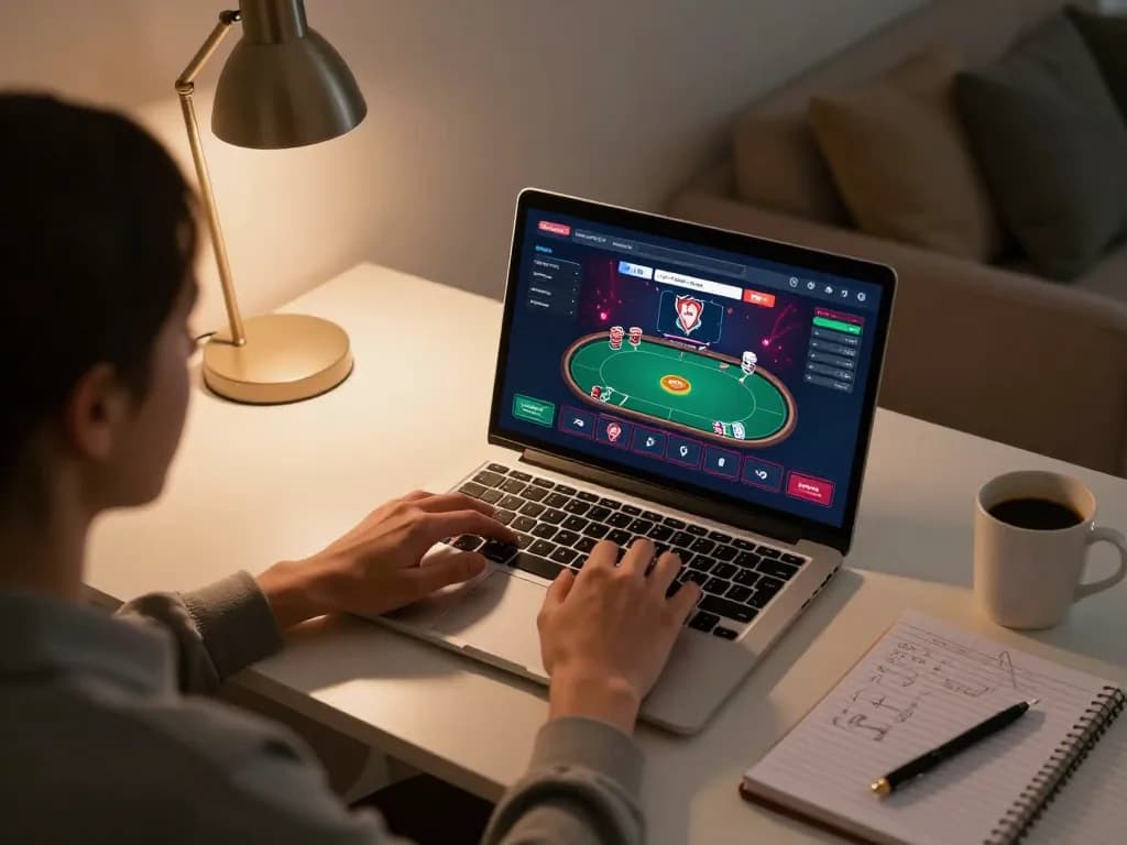 Player engaging in an exciting tr88 online poker game from home with strategy notes.