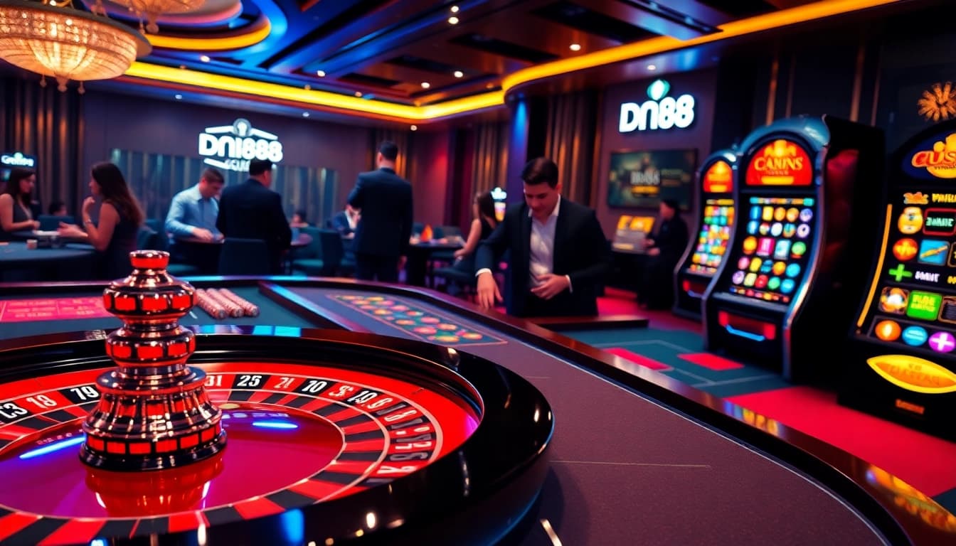 Experience vibrant gameplay at dn88 casino with players enjoying table games and slot machines.