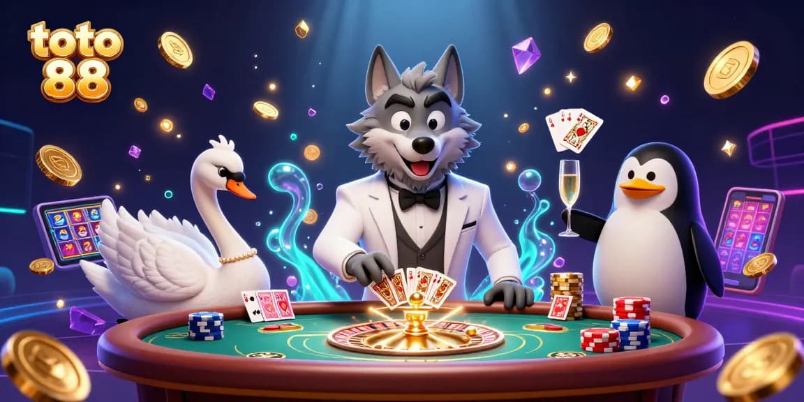 Experience the thrill at toto 88 as a debonair wolf plays baccarat in a vibrant casino scene.