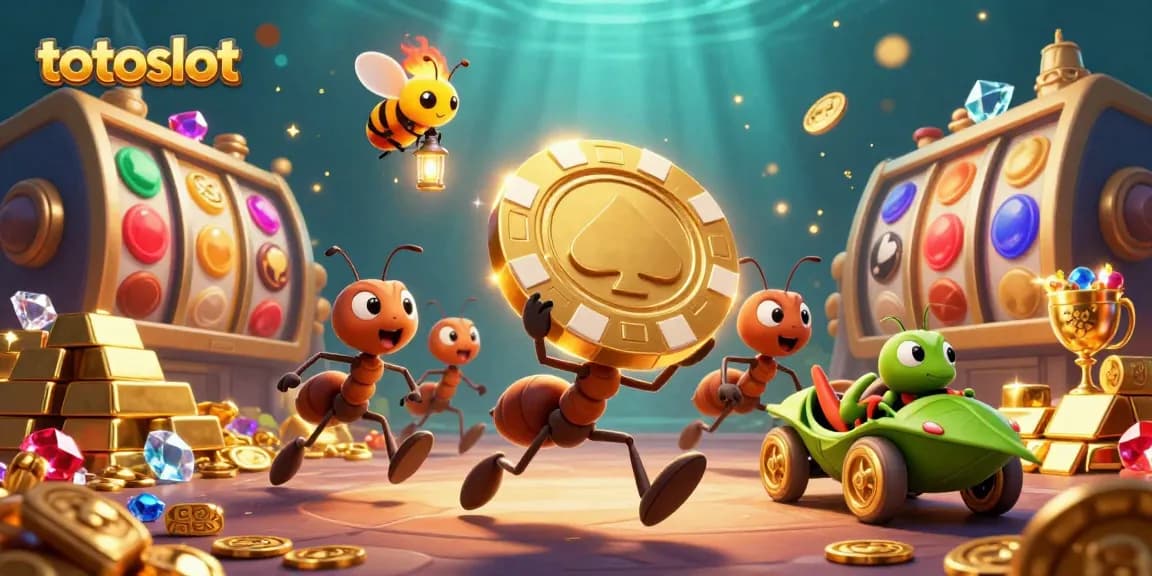 Join the adventure with TOTOSLOT as ants carry giant poker chips through a vibrant online casino.