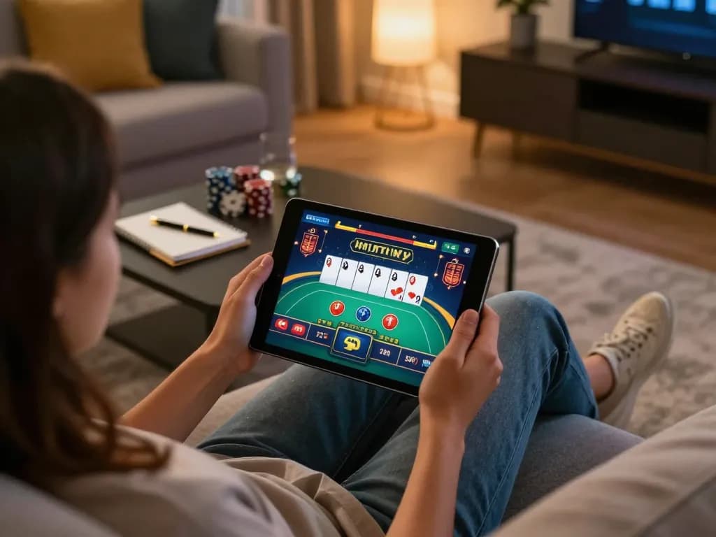 Engaging online gaming experience with god55 on tablet, person enjoying poker at home.