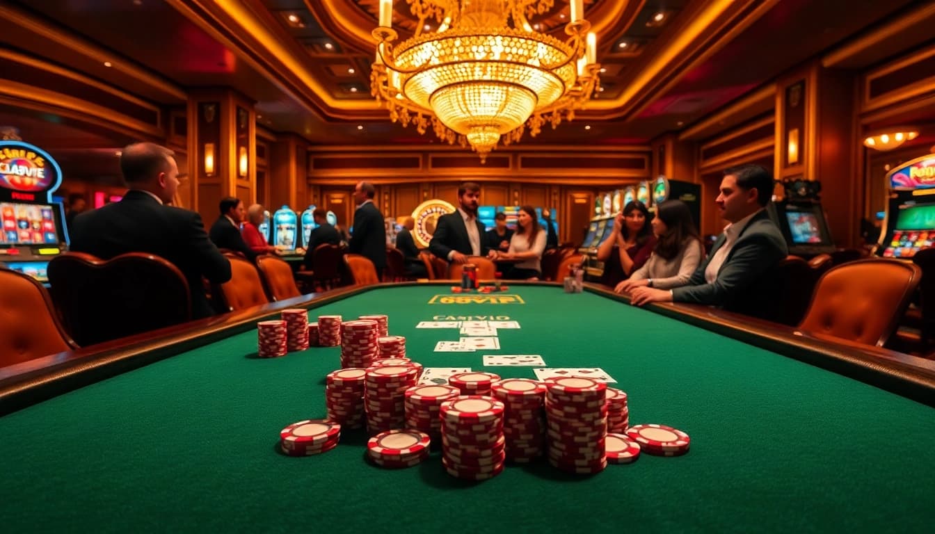 Engage in high-stakes poker action at 68VIP with vibrant tables and excited gamblers in a luxurious casino setting.