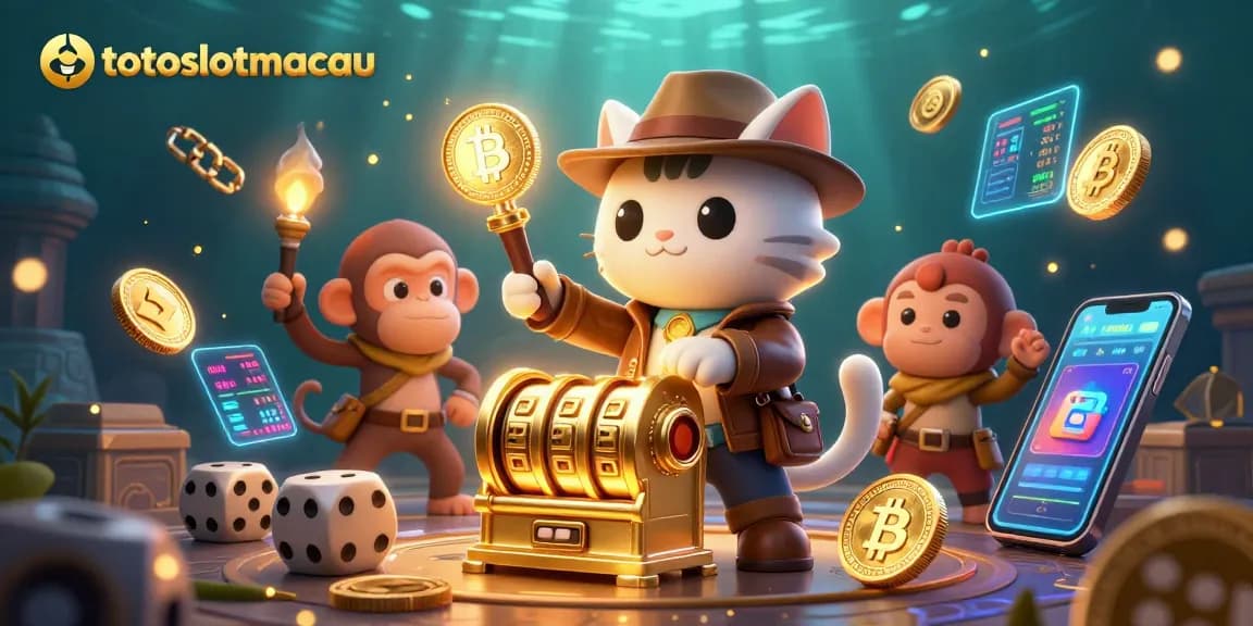 Join the adventure at totoslotmacau as the archaeologist cat finds a golden slot artifact amidst Bitcoin and Ethereum coins.