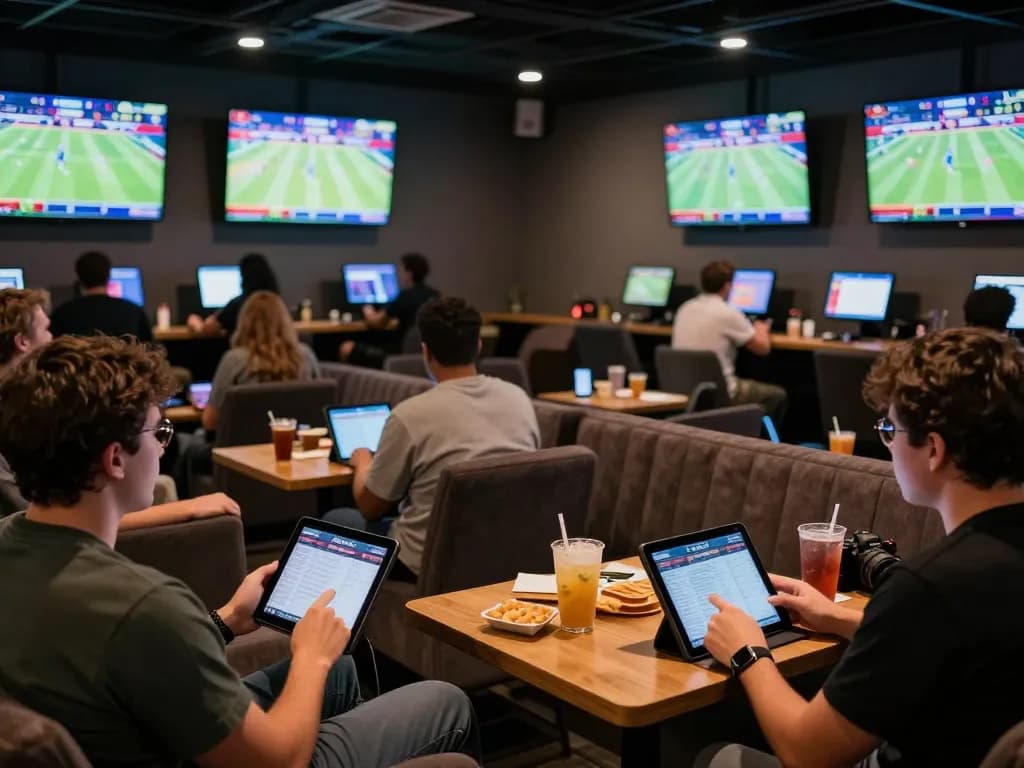 Engaged bettors analyzing odds at a trang cá độ bóng đá lounge, showcasing excitement for live sports betting.