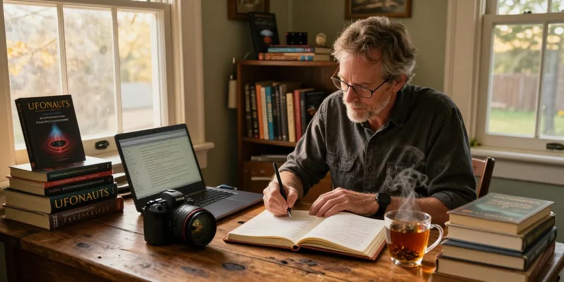 T Allen Greenfield focused on writing about UFO phenomena at https://tallengreenfield.com in a warm literary workspace.