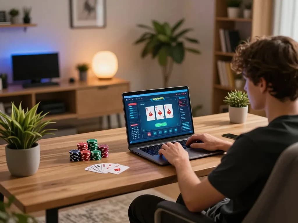 Permainan yang menarik dengan empire99 di laptop, menunjukkan strategi poker dalam suasana rumah yang nyaman