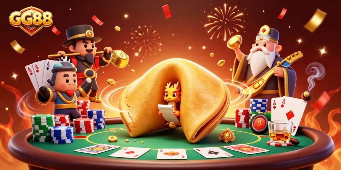 Exciting GG88 fortune cookie scene with a dragon reading fortunes at a poker table.
