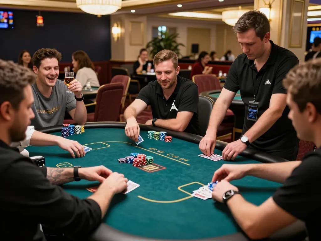 Engaged players at ku88 poker table celebrate a strategic win with vibrant atmosphere.