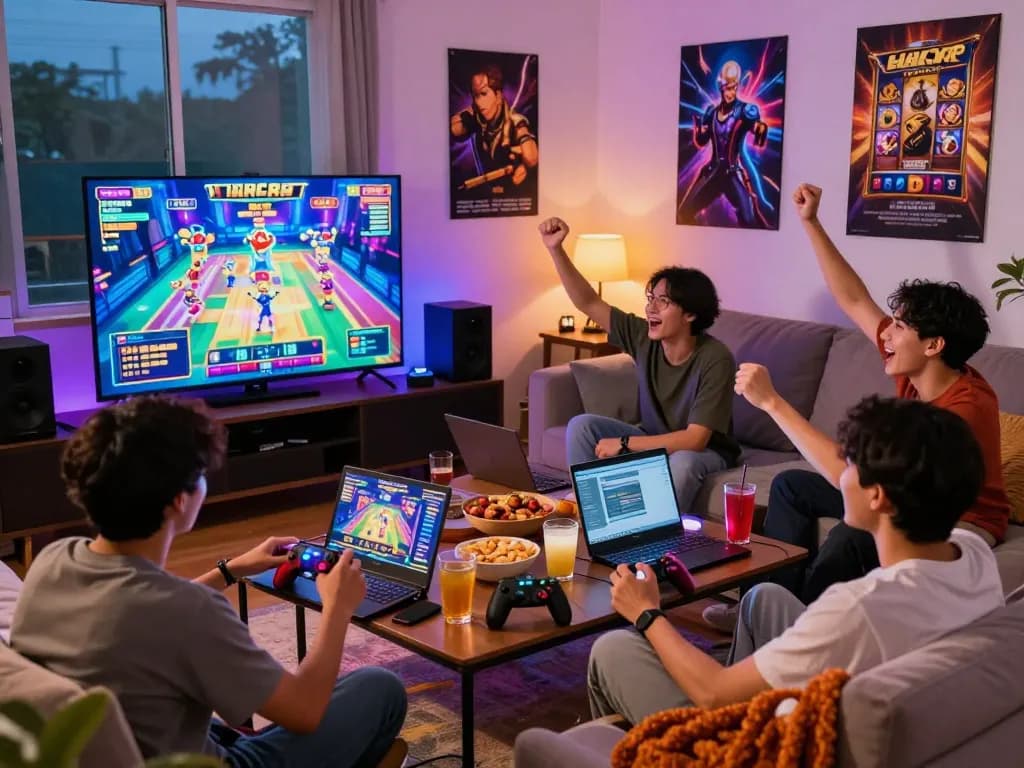 Friends enjoying a thrilling slot gacor hari ini game night, surrounded by snacks and colorful lights.