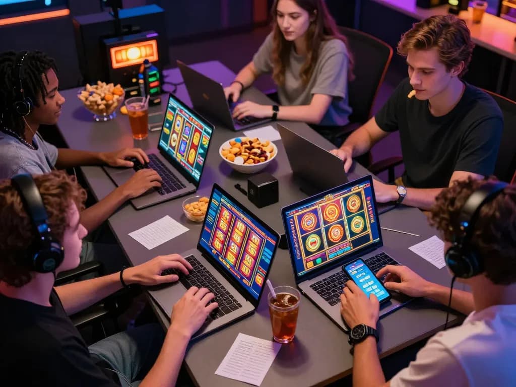 Players engaged in exciting slot gaming on laptops and smartphones, enjoying a cozy home environment.
