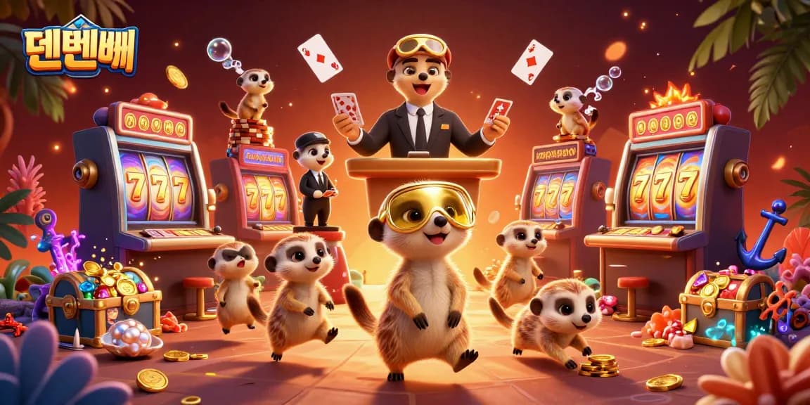 Experience thrilling gameplay at 텐텐벳 casino with meerkats managing a vibrant scene of slot machines.