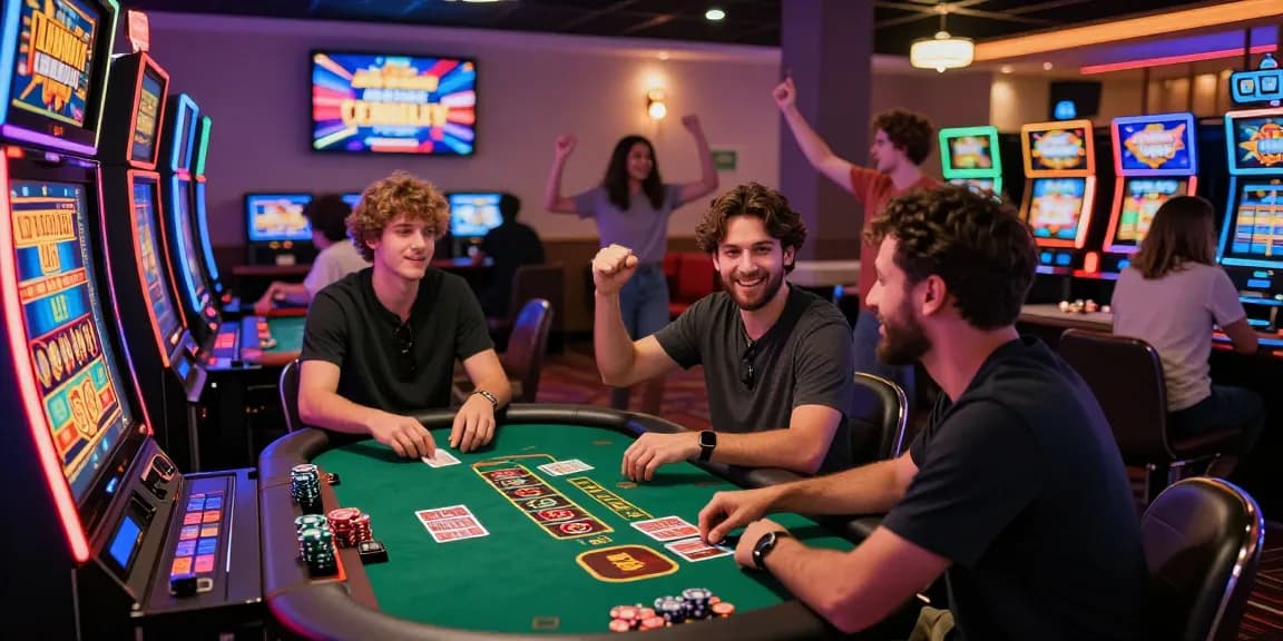 Online credit card casinos creating an exciting gaming atmosphere with diverse players celebrating wins and enjoying live dealer games.