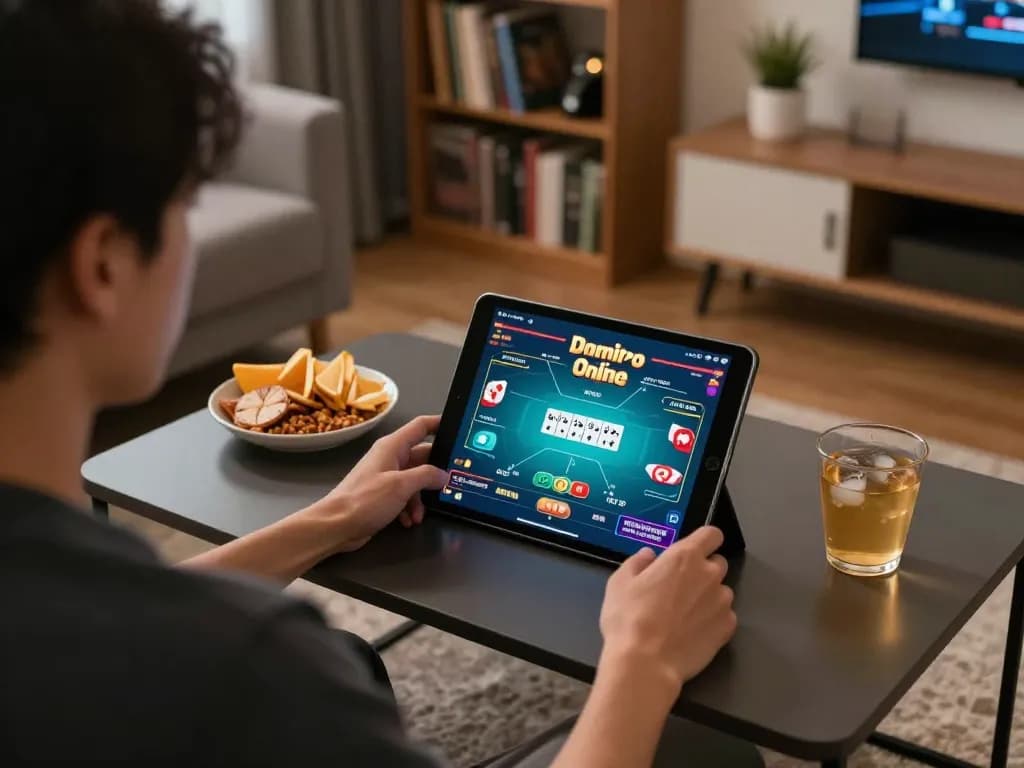 Engaged player enjoying Poker Online Domino QQ game on a tablet in a cozy home setting.