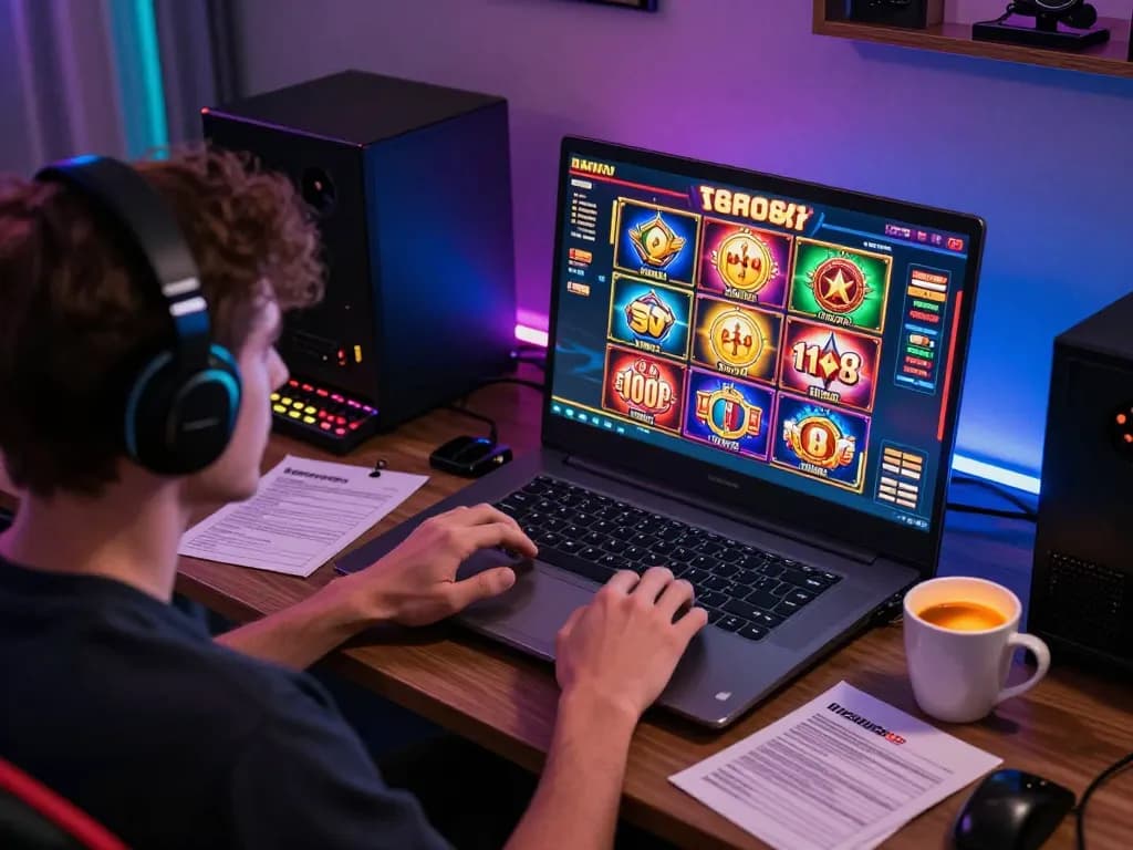 Engaging in thrilling slot88 gameplay on a laptop at home, showcasing vibrant online gaming setup.