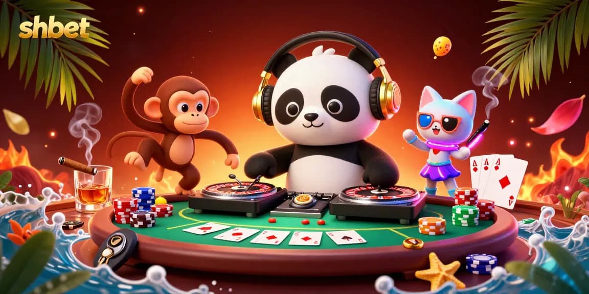 Engage with the shbet experience, featuring a DJ panda, vibrant casino elements, and dynamic gameplay.