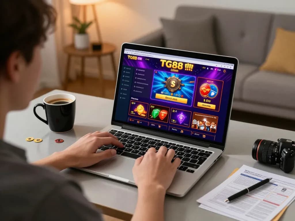Person engaged in online gameplay at home using TG88 com casino interface on laptop, showcasing vibrant graphics and strategy.