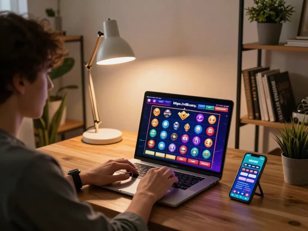 Engaged user gaming on https://rr88.navy/ with a laptop, showcasing online casino interface.