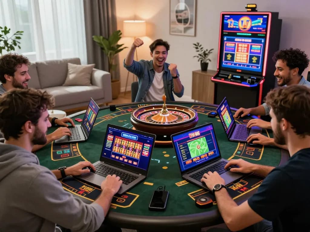TV88 online gambling scene showcasing players enjoying diverse games in a vibrant home environment.