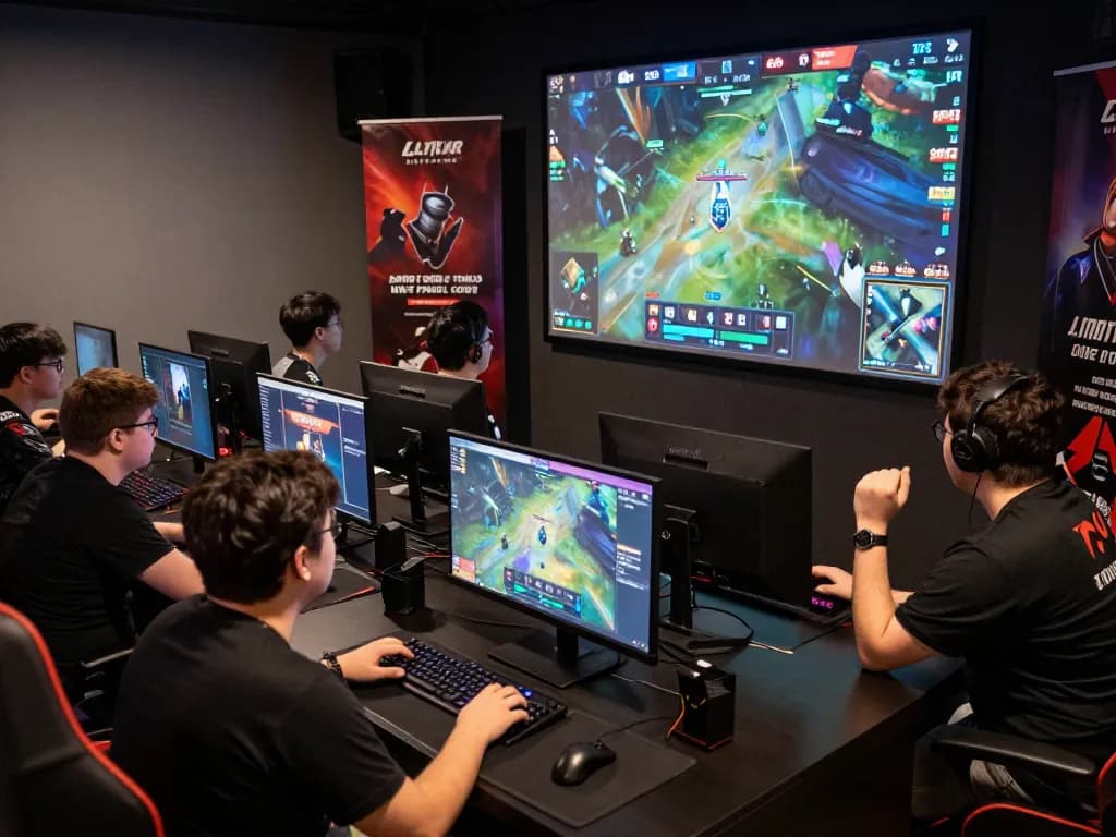 Dota 2 betting scene in an esports lounge with fans watching a live match and discussing strategies.
