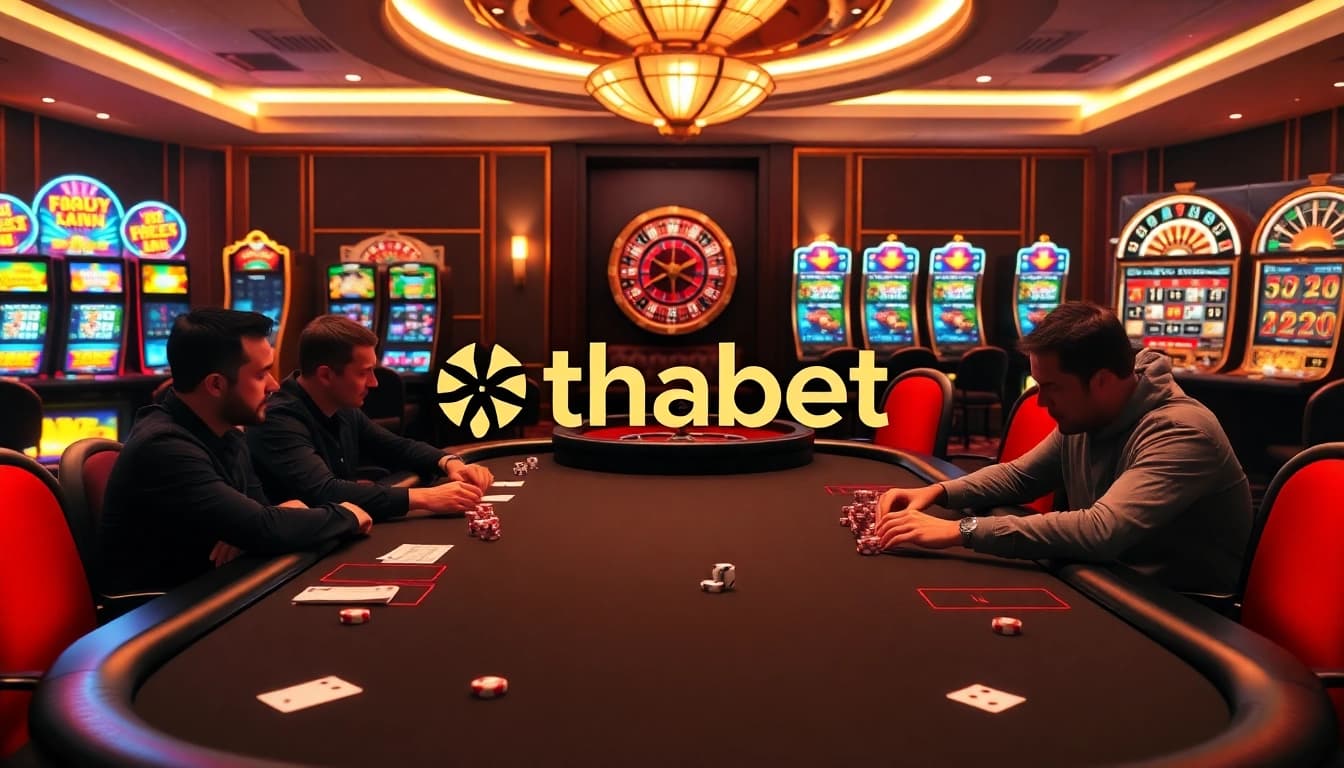 Exciting poker gameplay at thabet casino with vibrant slot machines and roulette wheel.