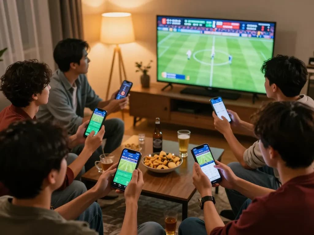 Enthusiastic friends placing kèo bóng đá trực tuyến bets while watching a live football match on TV.