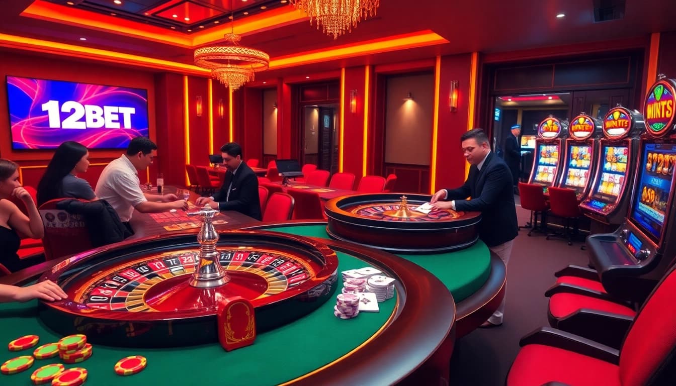 Experience thrilling gaming action at 12BET's vibrant casino tables with players engaged in high-stakes bets.